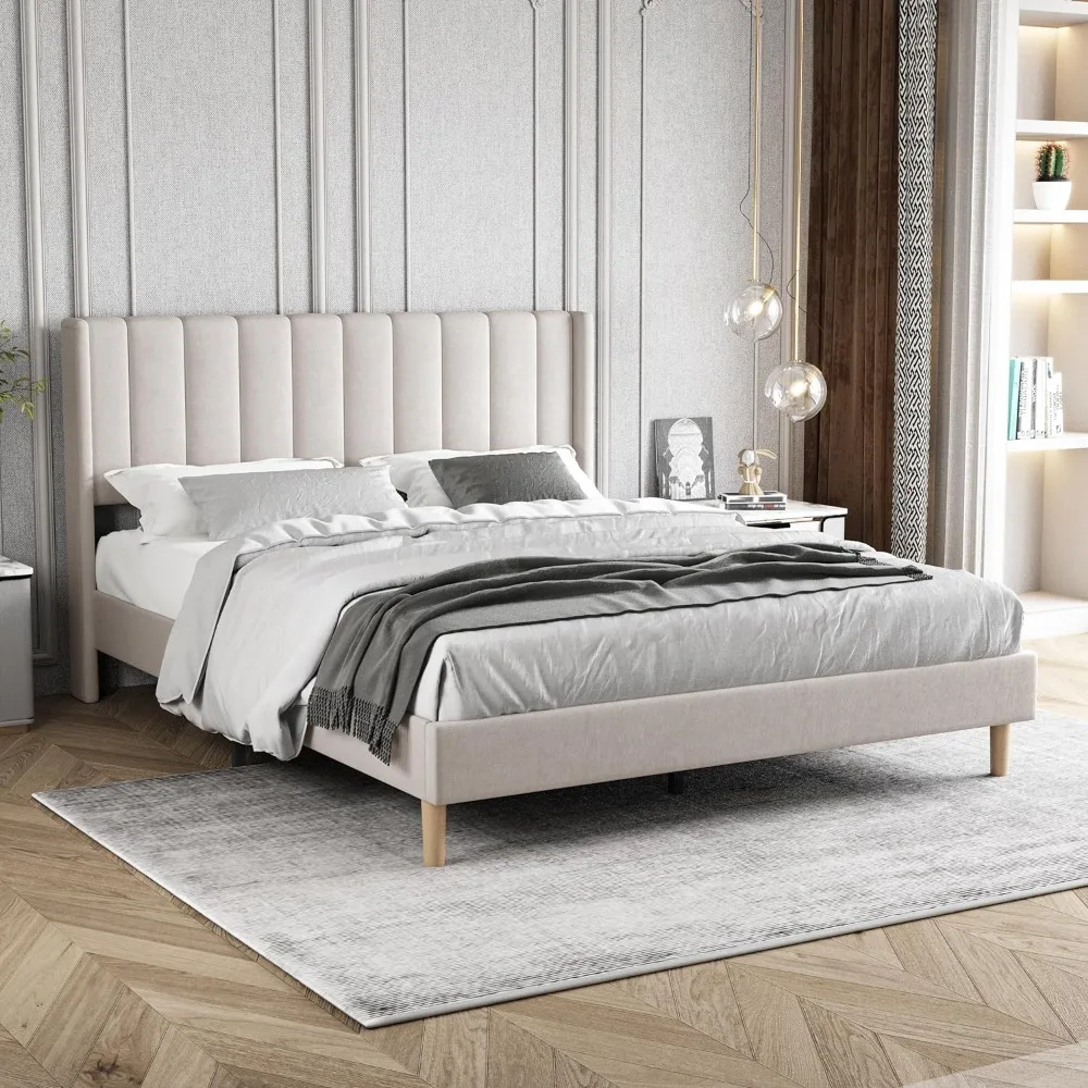 

Upholstered Platform Bed Frame Queen Size with Headboard,Strong Wooden Slats Support No Box Spring Needed Easy Assembly