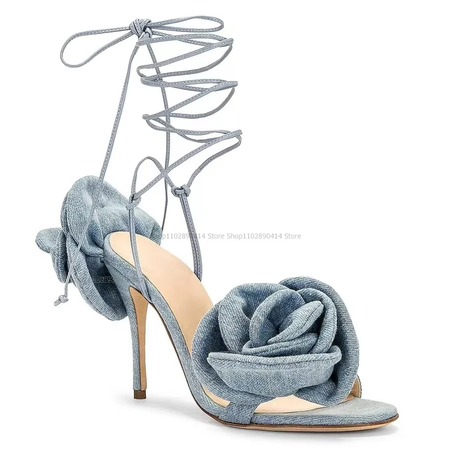 

Flower Decor Denim Sandals Lace up Shoes for Women Stilettos High Heels Open Toe Elegant Novel Ladylike Fashion Zapatillas Mujer