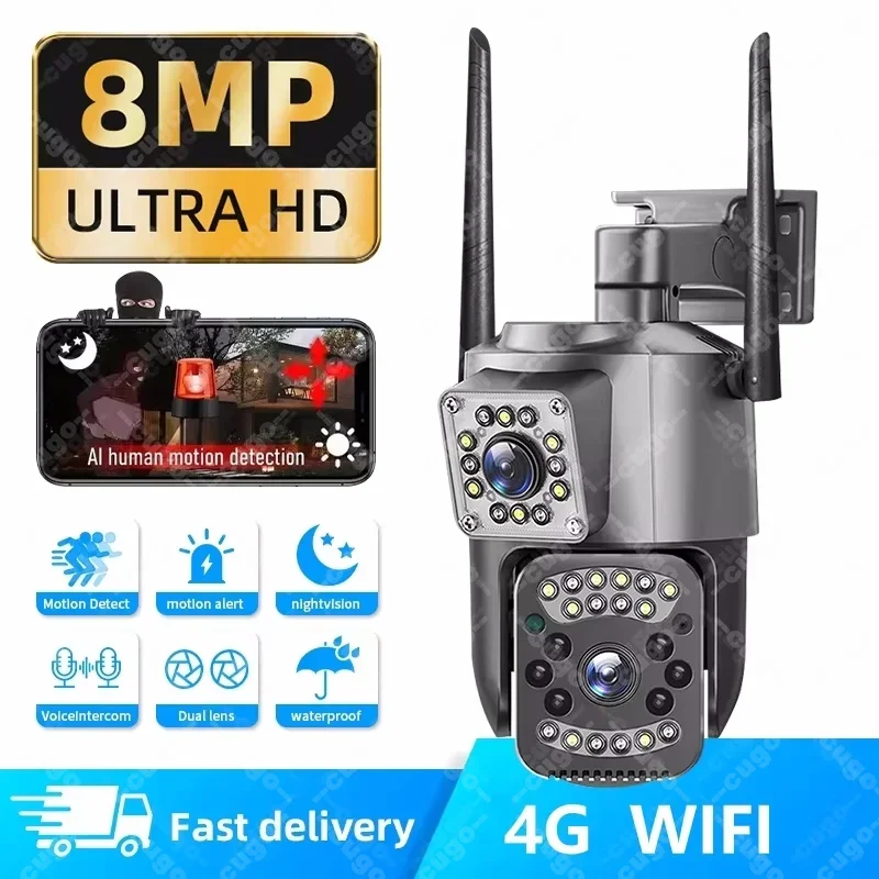 V380 Dual Lens 4G Camera Wifi PTZ Motion Detection Night Vision Cam Outdoor Wireless Security Video IP Cameras 8MP CCTV Monitor