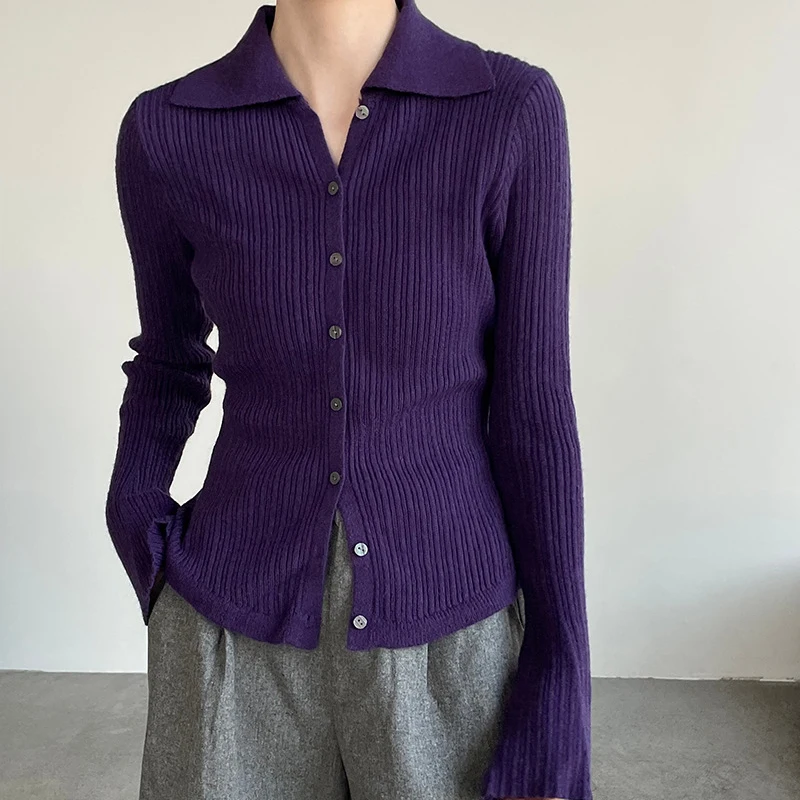 

Мягкий кардиган с лацканами в корейском стиле, женские осенние модные универсальные облегающие свитера с расклешенными рукавами, пуловеры, женский трикотаж