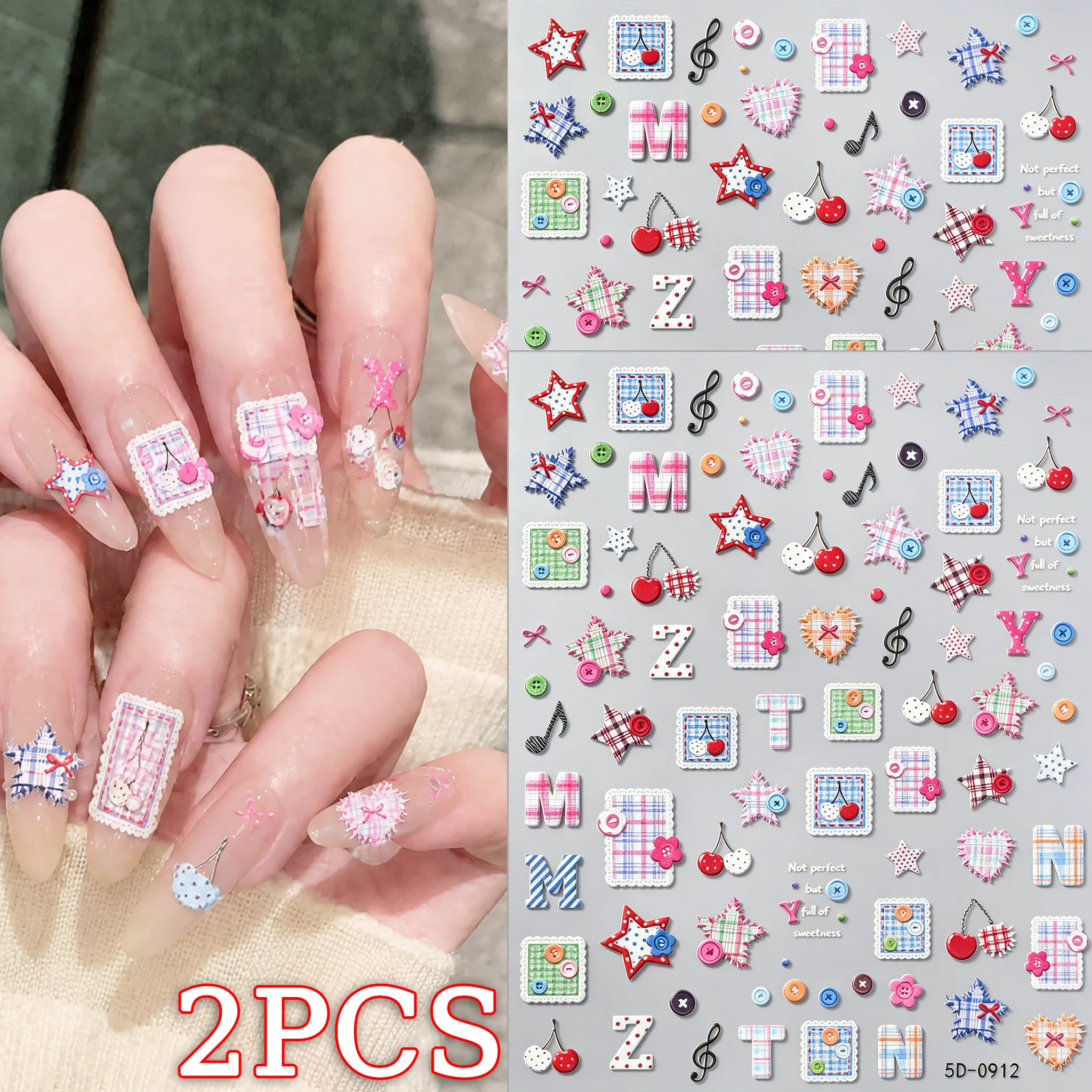 2Pcs Colorful Plaid Fabric Pattern Nail Stickers 5D Alphabet Polk Dot Cherry Star Button Nail Decals Y2K Sweet Manicure Nail Dec