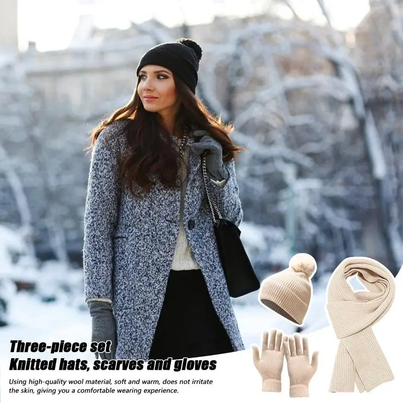 Women's Beanie Hat Scarf Outdoor Thick Warm Woolen Hat Set Womens Winter Hats Gloves Set Stocking Stuffers For Travel Walk