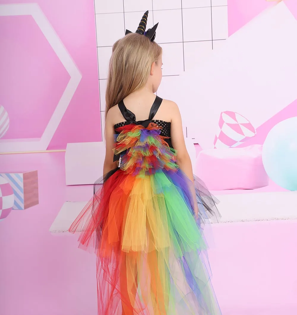 Girls Unicorn Costume Tutu Dress Kids Black Rainbow Unicorn Tulle Dress Baby Birthday Outfit Little Girls Unicorn Party Dress