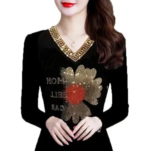 Stuffed Autumn Winter Fashion Mom Thick V-neck Long Sleeve T-shirt Cinched Waist Hot Diamond Plus-size Middle-aged Warm Shirt