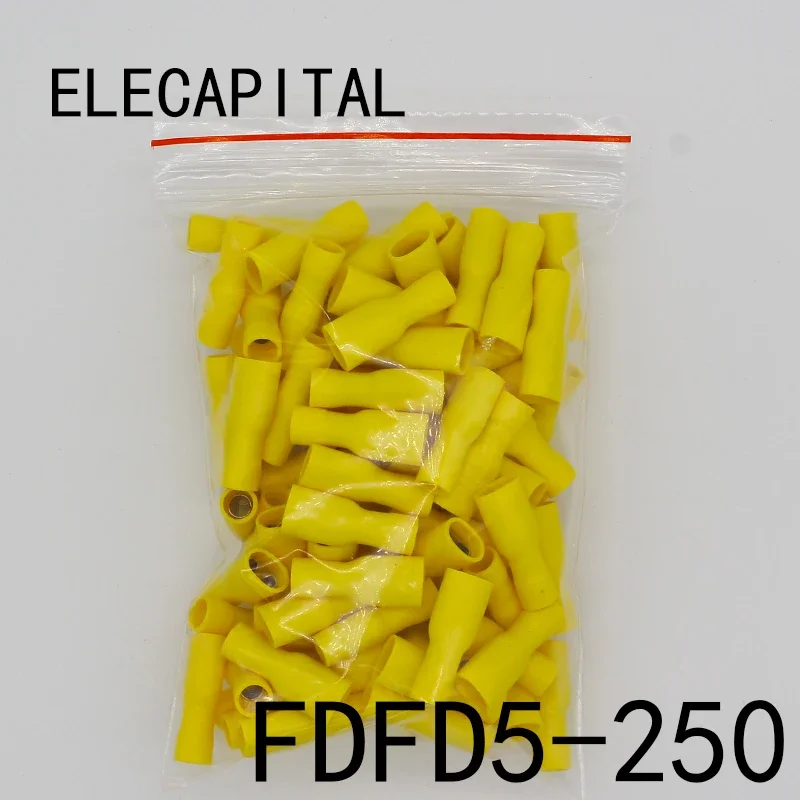 FDFD5-250 FDFD5.5-250 izolowane żeńskie izolowane elektryczne złącza zaciskowe złącze przewodu kablowego 100 sztuk/paczka AWG 12-10 FDFD