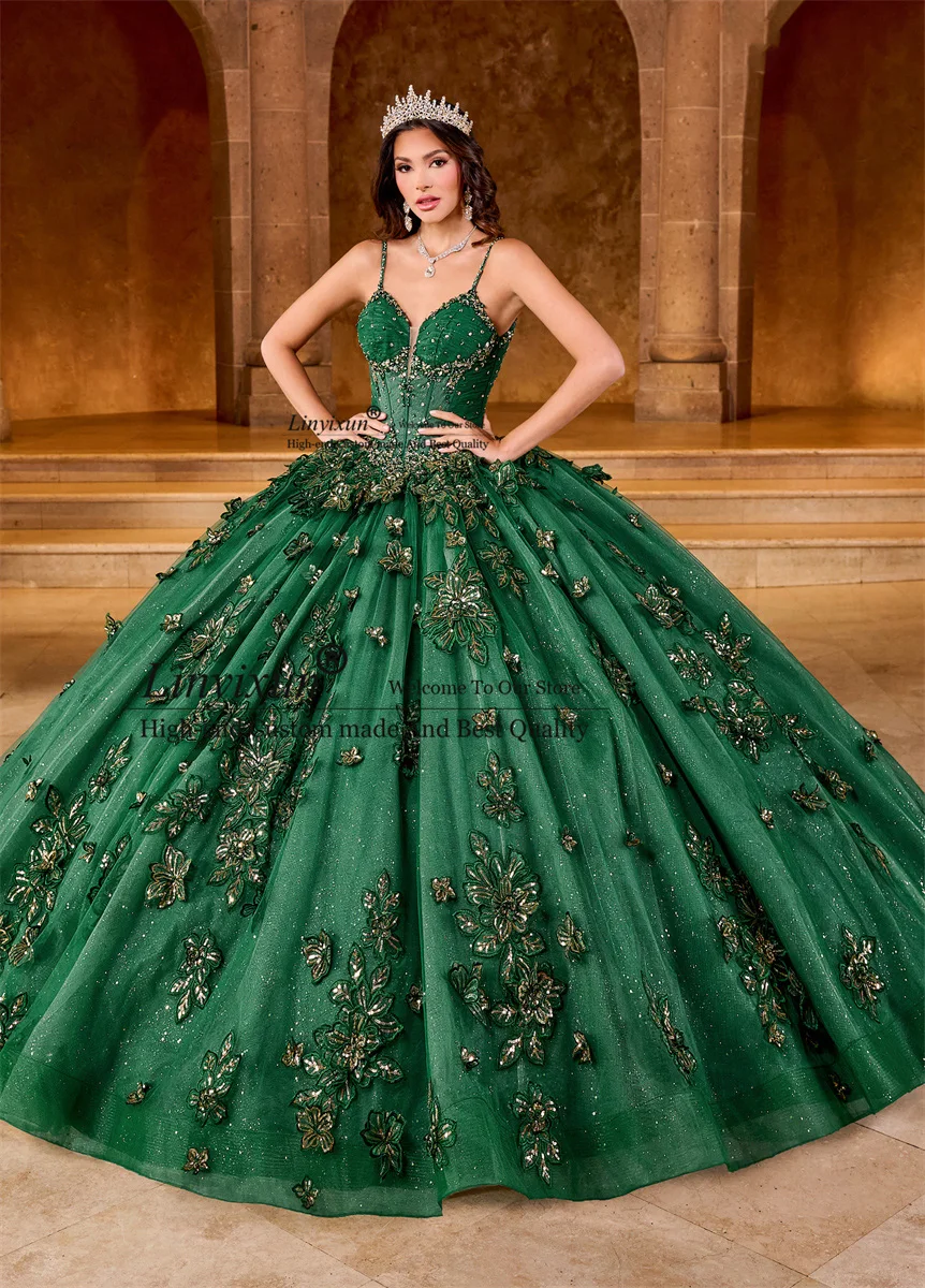 Vestido de quinceañera de México, verde esmeralda, Apliques de encaje, escote Corazón, princesa dulce 16, 2024