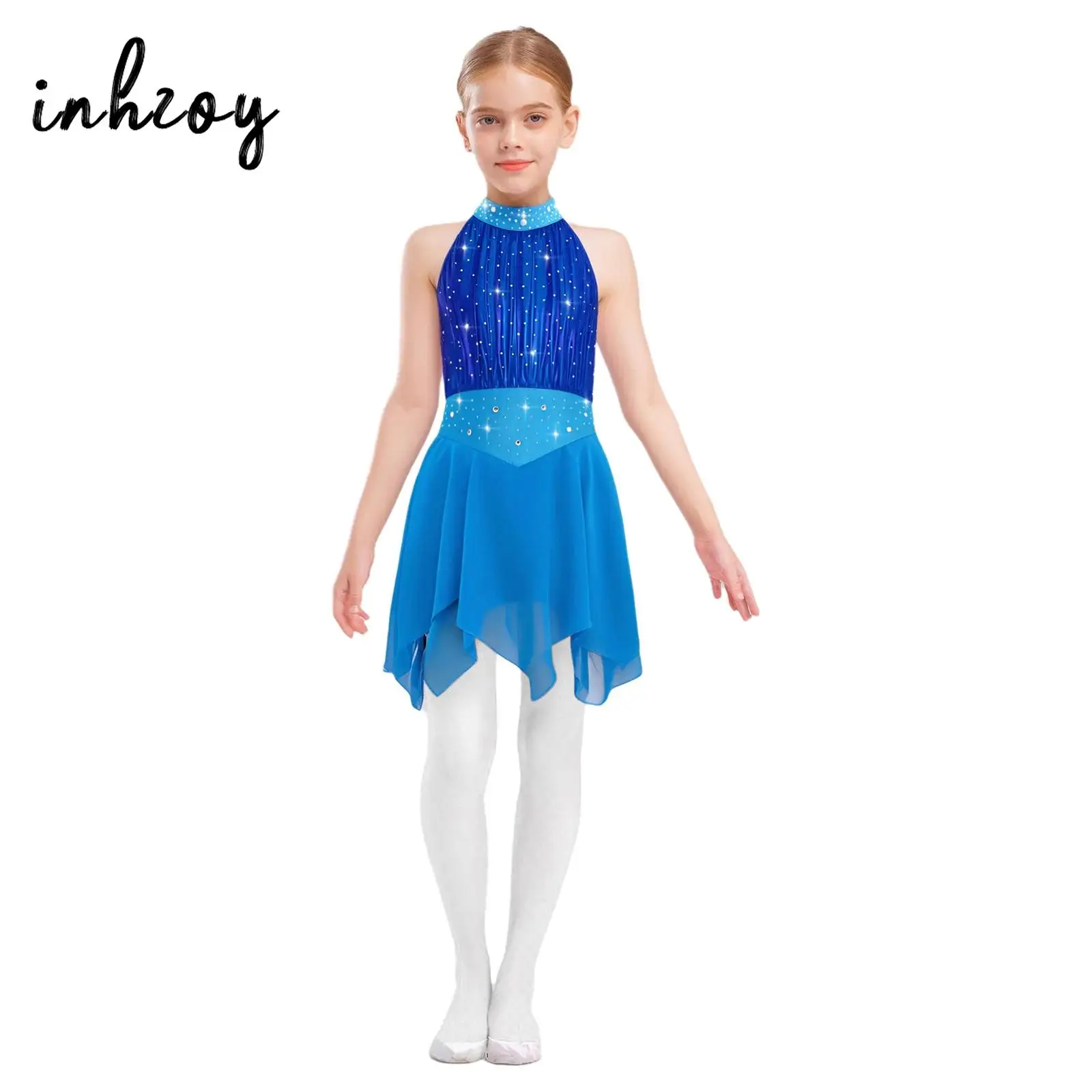 

Kids Girls Figure Skating Lyrical Dance Costume Sleeveless Shiny Rhinestones Metallic Mesh Bodice Irregular Chiffon Hem Dress