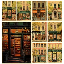 Vintage Book Store City Library Landscape Posters Sticker Canvas Bedroom Office Cafe Book Wall Pink Lovers Home Gift Painting