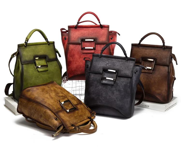 Vegetable-tanned leather women's genuine leather women's retro hand-polished color hand-held crossbody multi-functional backpack