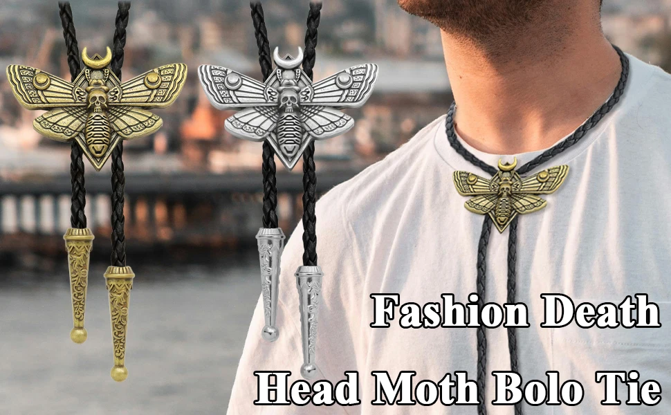 Bolo-Krawatte für Männer, Totenkopf-Kopf, Motte, Bolo-Krawatte, Krawatte, Insekt, Mond, Motte, Anhänger, Leder-Halskette, Western-Cowboy-Accessoires, Frau – Detail 1