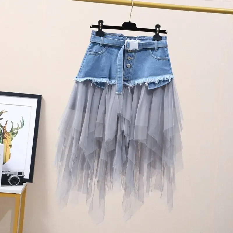 

South Korea 2024 Spring/Summer Autumn Women's Wear Mesh Splicing High Waist Slimming Cowboy Skirt for Women