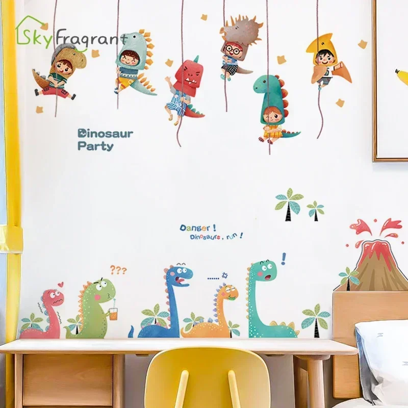 Fun Dinosaur Wall Stickers For Kids Rooms Child Bedroom Wardrobe Cute Home Wall Decoration Self Adhesive Sticker Wallpapers