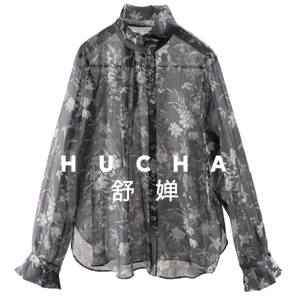 

2026 Spring Elegant 100 Lyocell Three-dimensional Pleated Stand-up Collar Printed Shirt Women's 88E2 Blouses for Women Fashion