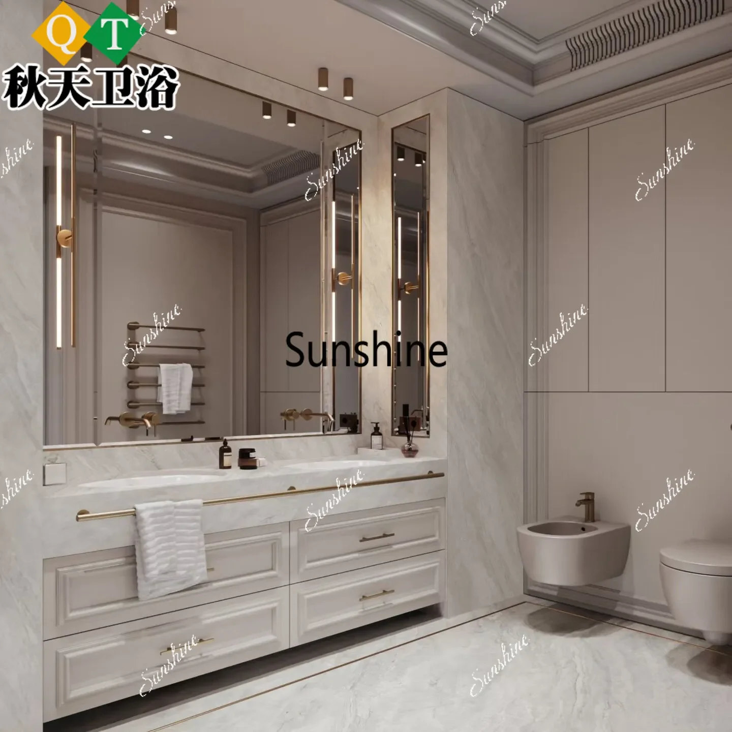 YFrench retro solid wood bathroom cabinet cream wind rock slab customization