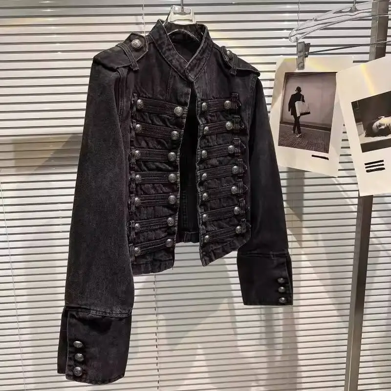 2026 Autumn New Fashion Metal Buckle Design Shoulder Strap Denim Short Jacket For Women High Street Coat Female view 5