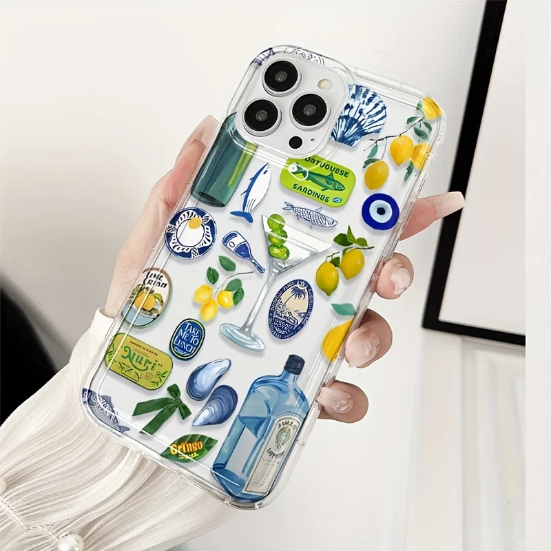 Transparent Seaside Scenery Wine Lemon Pattern Printed Anti-Fall Phone Case for Iphone 16 15 14 13 12 11 Pro Max 7 8 Plus Cover