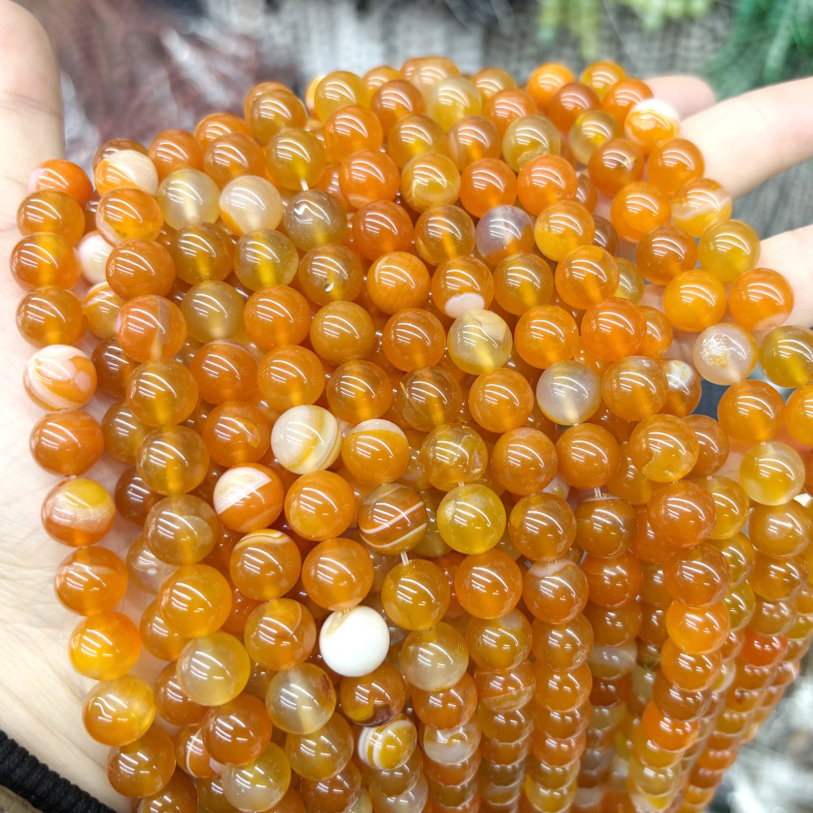 Natural Stone Orange Red Stripe Agates Chalcedony Round Loose Beads 15