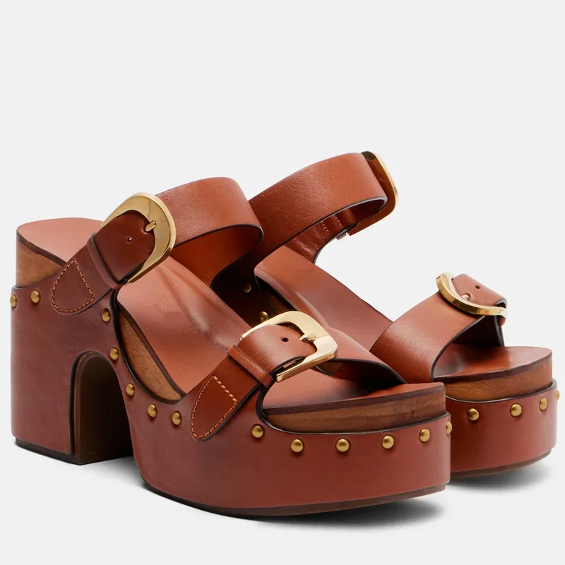 Metal Rivet Platform Leather Slippers Sexy Round Toe Squar Heel Buckle Belt Customized New Arrivals Fashion Women Modern Shoesl