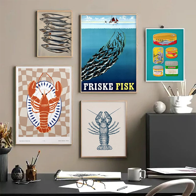 Colourful Sardines Lobster Fish Marine Animal Poster Painted Modern Abstract Canvas Painting Nordic Home Decor