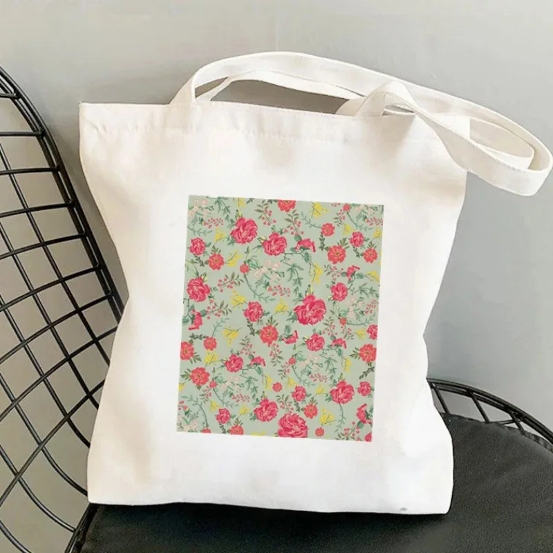 

Fresh Style Floral Print Tote Bag Canvas Shopping Bag for Very Beautiful Fashion Women Spring Daily Use Lightweight Shoulder Bag