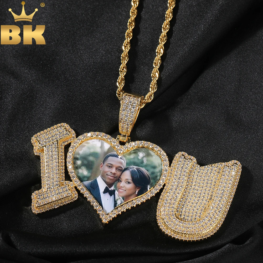 THE BLING KING Custom Heart Picture With Bold Brush Letter I Love U Pendant Iced Out CZ Memory Photo Necklaces Hiphop Jewelry