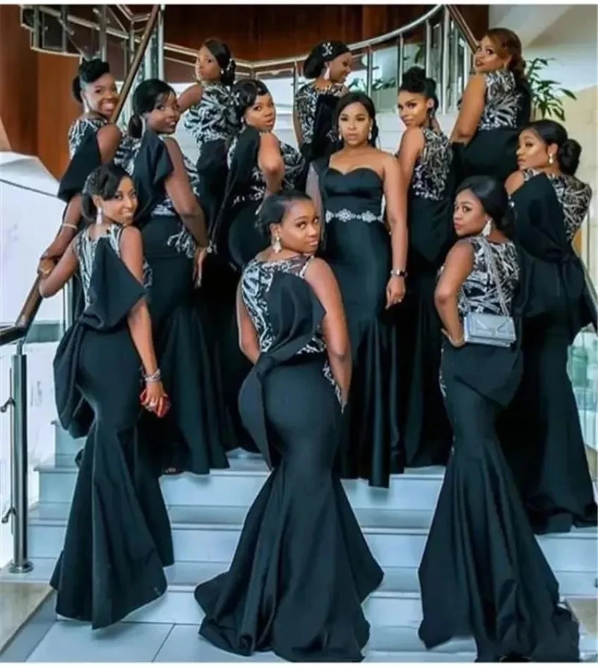 Black Satin African Bridesmaid Dresses Long Bridesmaids Mermaid Prom Gowns Maid  Evening Wear