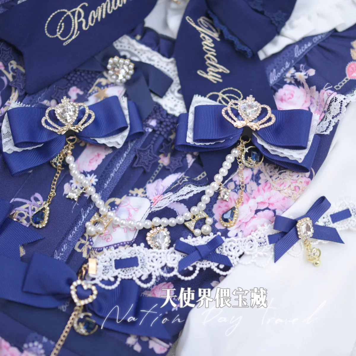 Lolita Style Lace Choker Necklace, Stars Moon Pendant with Rhinestone, Sweet Kawaii Choker Gift for Women Girls view 4