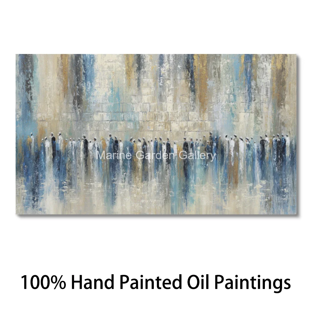 Hand Painted Blue Abstract Kotel Oil Painting Jerusalem Western Wall Gold Textured Jewish Canvas Art Modern Dining Room Decor