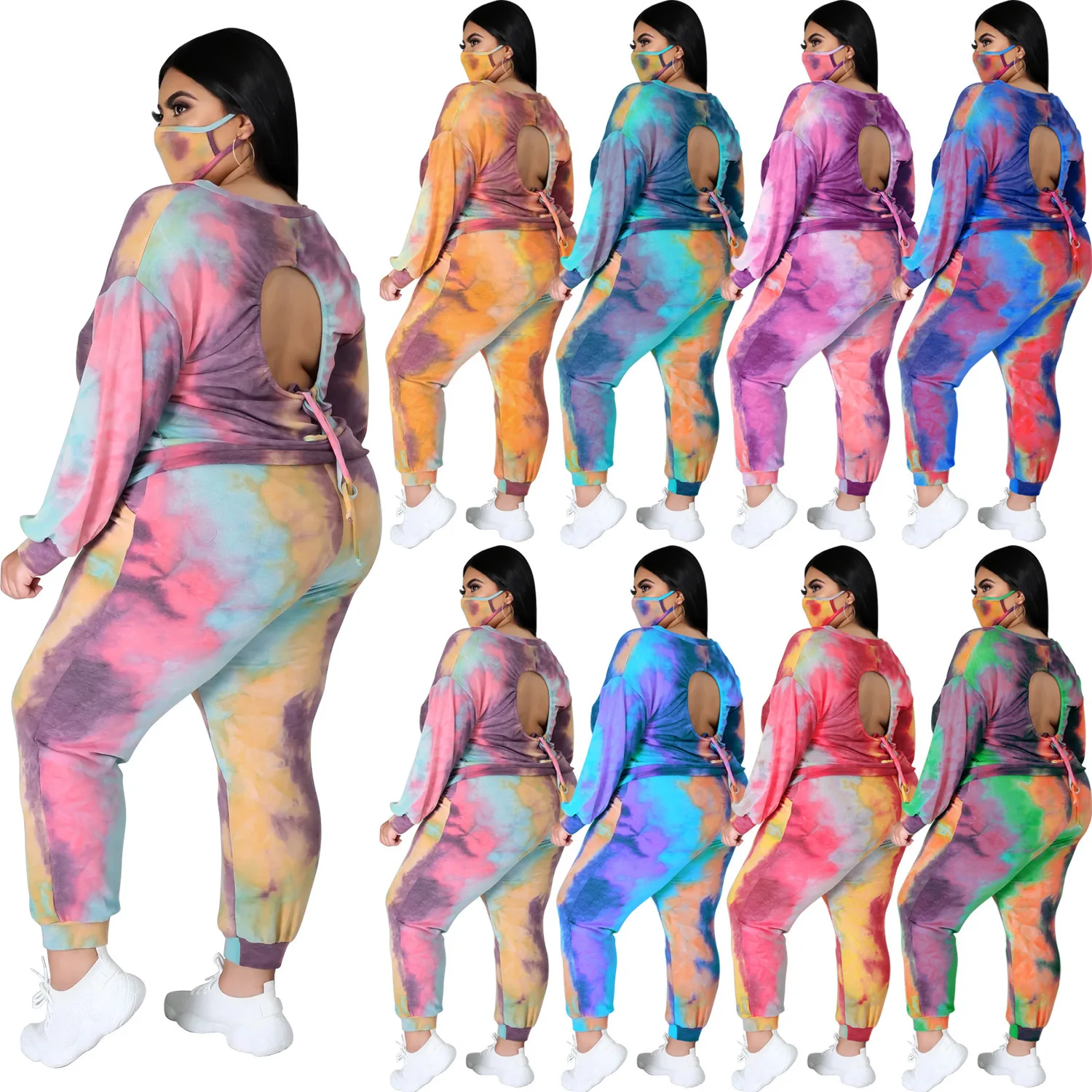 

Plus-size 3 Piece Sets Womens Outfits Sexy Backless Long Sleeved Hoodie Tie-dye + Harem Pants +mask Suit Three-piece Set Casual