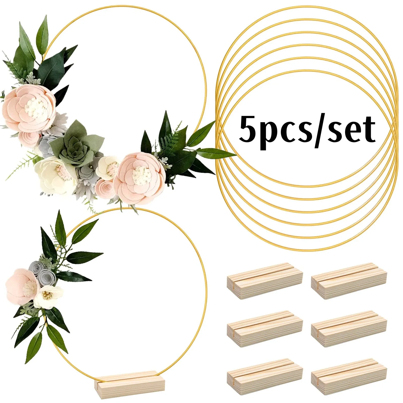 

5Pcs/Set Round Floral Hoop Metal Floral Hoops With Wooden Bases For Wedding Party Table Centerpiece Decoration