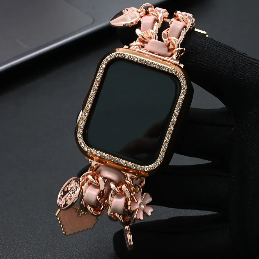 Женский роскошный ремешок для Apple Watch Ultra2 49 мм 10 46 мм 42 мм и чехол для IWatch Series 9 8 7 41 38Se Кожа + ремешок из нержавеющей стали