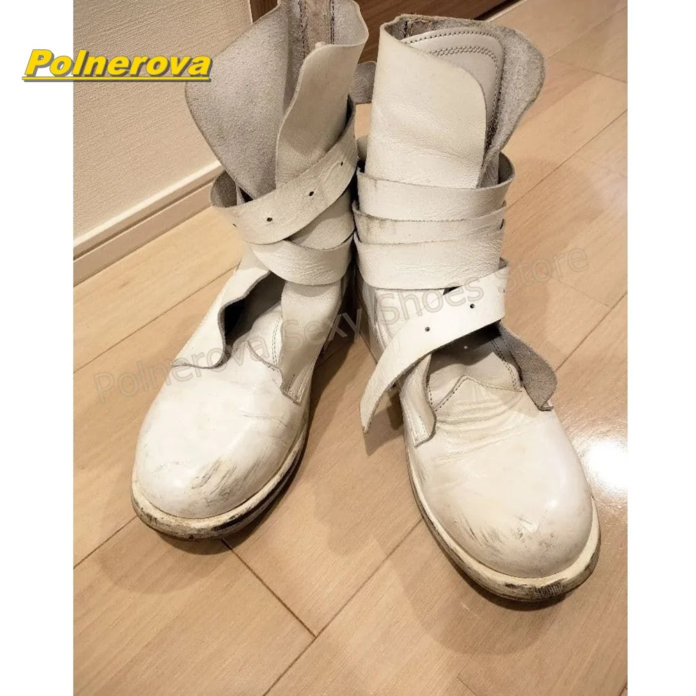 Women Vintage White Motorcycle Boots Multi Strap Buckle Mid Calf Boots Square Heel Wrapped Strap Gothic Punk Streetwear Shoes