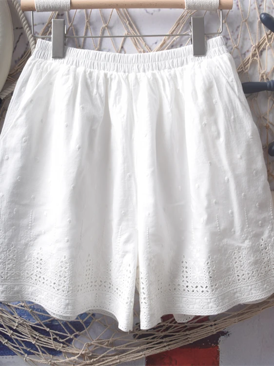 Ele Koreanische Sle bestickte reine Baumwolle samt gefüttert hohe Taille lose Passform weiße Ort Hosen Damen Faion Sommer tragen