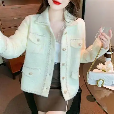 Famous Little Fragrant Style Mink Fleece Coat Women 2023 Autumn and Winter Casual French Premium Loose Cardigan Coat Female Top