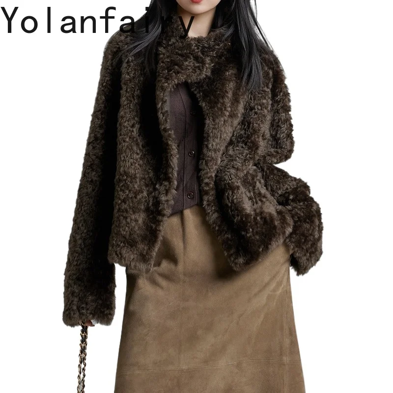 

YOLANFAIRY Women Short Teddy Curly Shearling Coat Genuine Fur Integrated Jacket Warm Winter Sheepskin Casual Fur Coats Woman