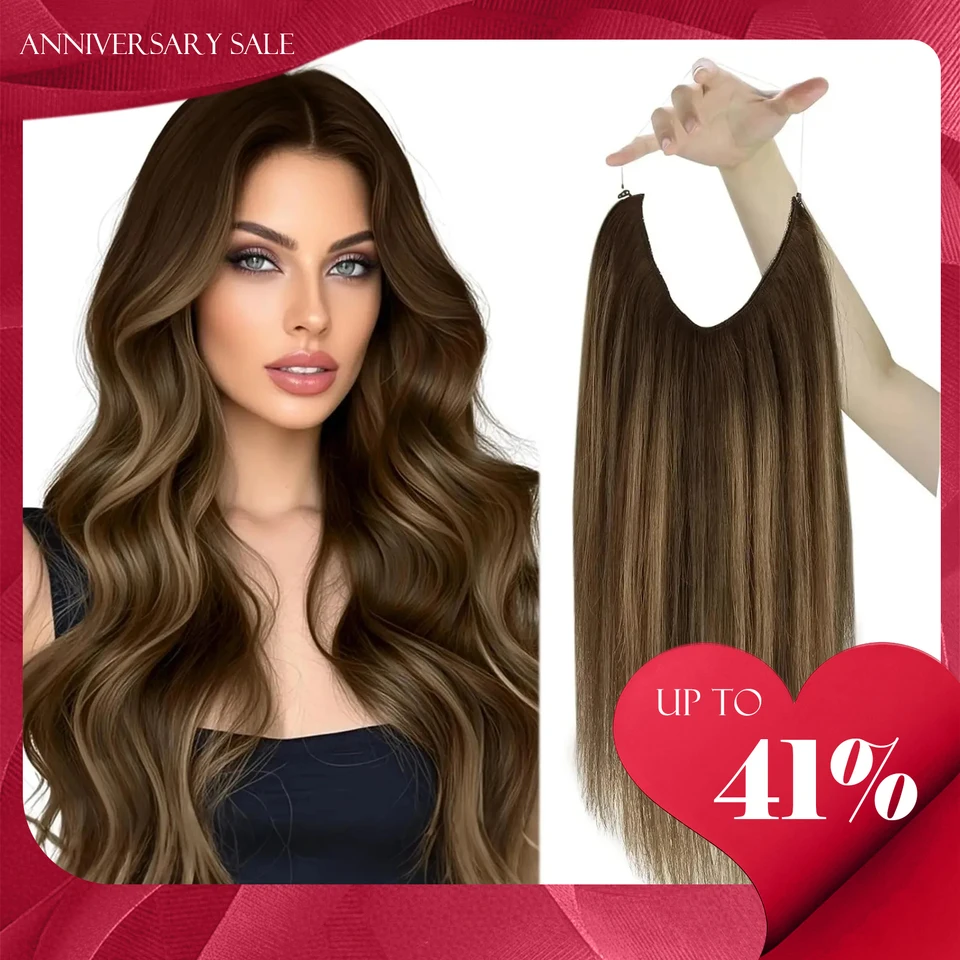 Extensión de cabello humano con línea de pesca VeSunny, Remy, pieza invisible con alambre, tejido brasileño, balayage 3
