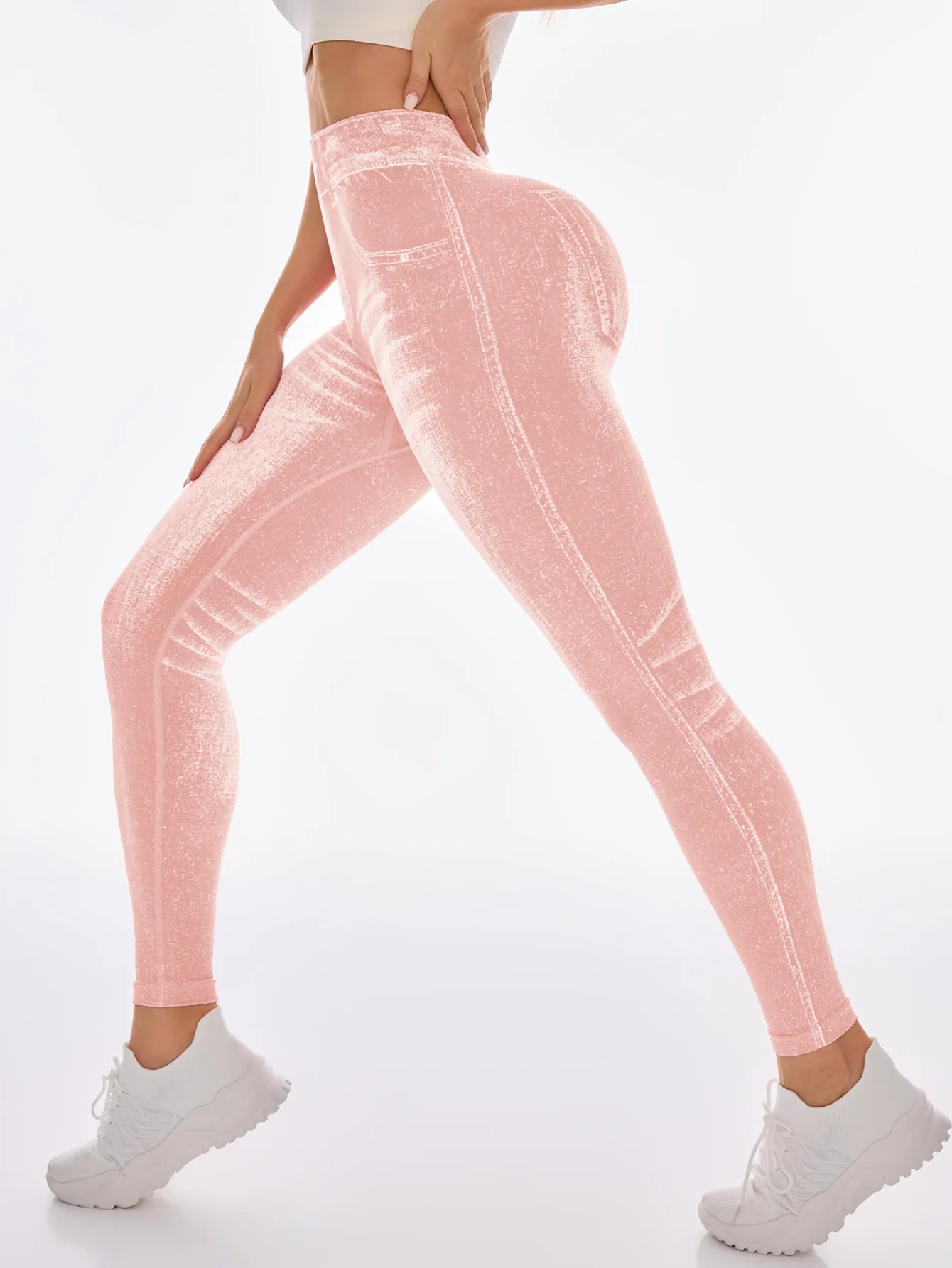 Damen Faux-Denim Nahtlose Yoga-Hose mit V-Rücken, Taillen- und Po-Lifting-Effekt, Hochelastische Schlanke Sport-Leggings, Modische Lauf- und Workout-Tights – Detail 29