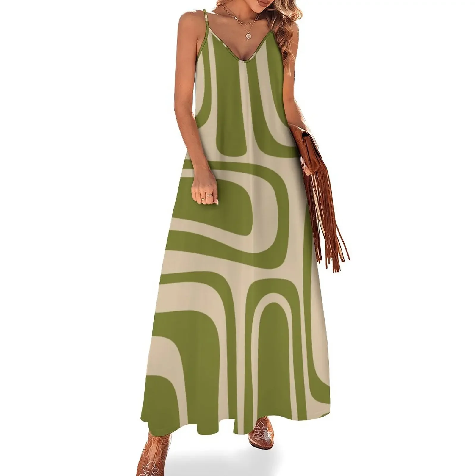 

Palm Springs Retro Midcentury Modern Abstract Pattern in Mid Mod Beige and Olive Green Sleeveless Dress women dress Dress
