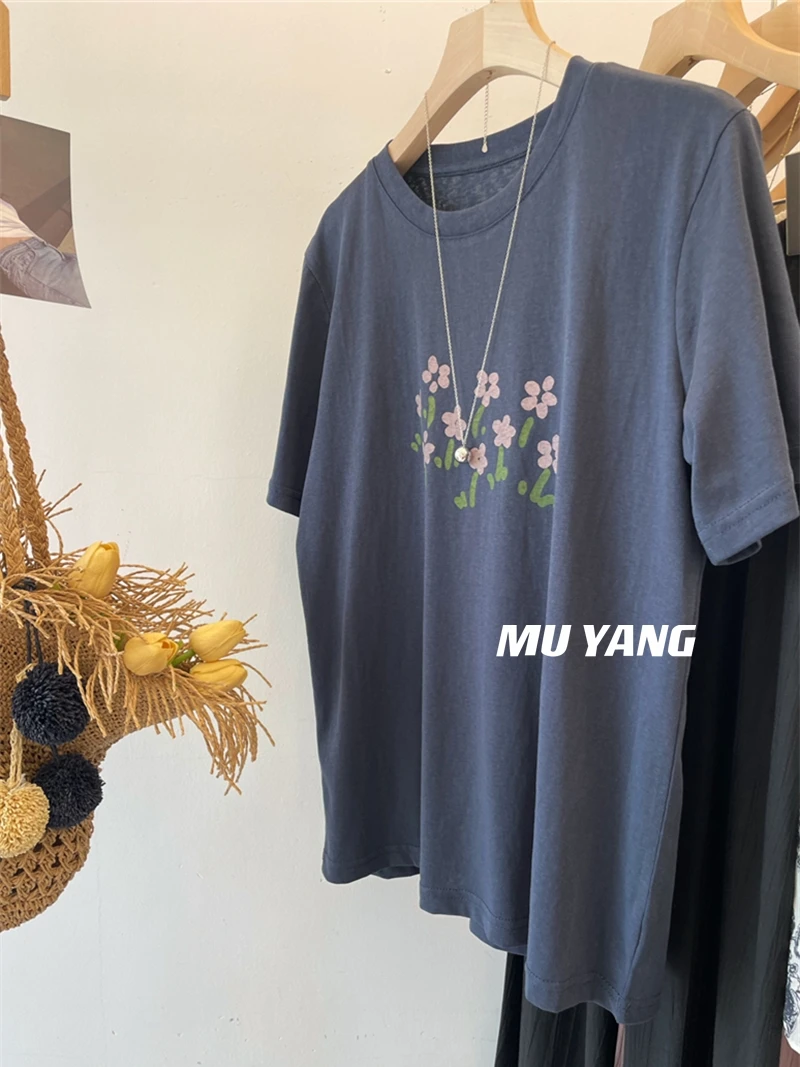 Camiseta Extra Grande de 300 Pou, Estilo Artístico Floral, Informal, Redonda, para Mujer, Top Versátil y Estilizador, Estilo Coreano