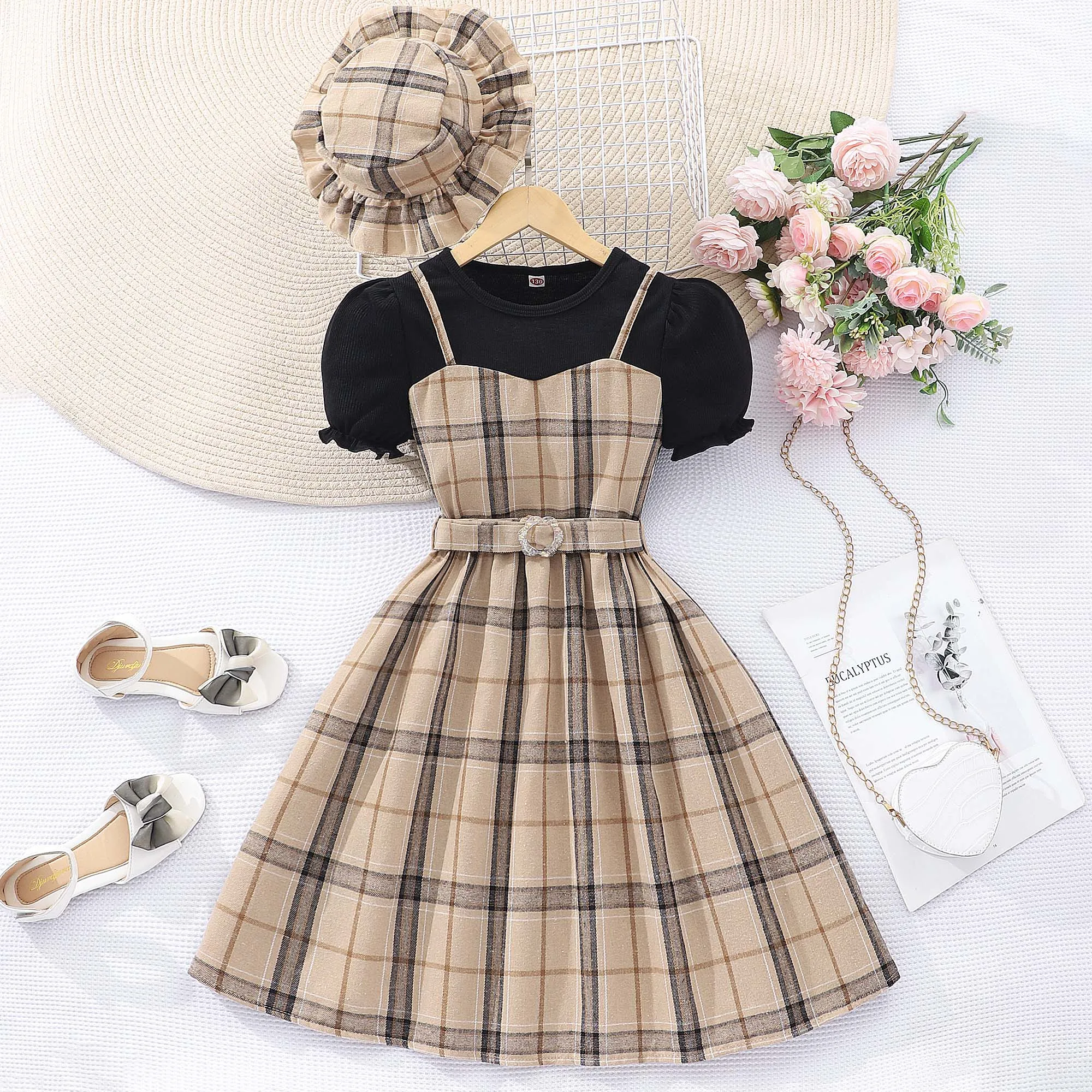 【Free Hat】Checkered Dress Teens Girl Clothes Short Sleeve 8 9 10 11 12 Years Old Summer Casual Freak 2 Pieces Women Clothing Set