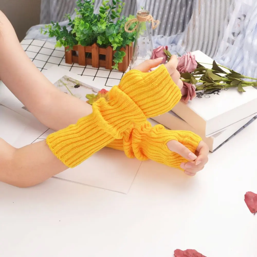 Women Fashion Knitted Arm Warmers Fluorescent Color Long Sleeve Gloves Winter Soft Elastic Trendy Street Style
