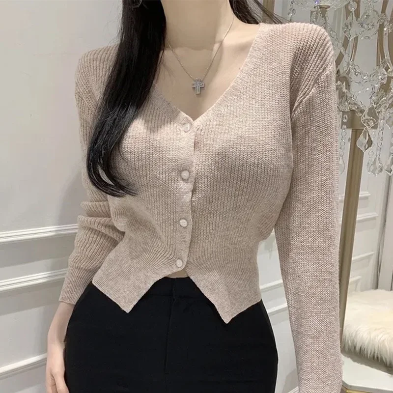 

Women's Knitted Long Sve V-neck Cardigan Coat New Comfortable Waist-cinching Outerwear Korean Version