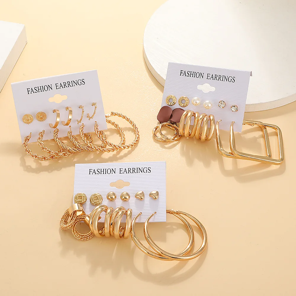 6 Pairs Earrings Set for Women Gold Color Big Drop Dangle Geometric Circle Earring Trendy Luxury Ear Jewelry Gift Accessories