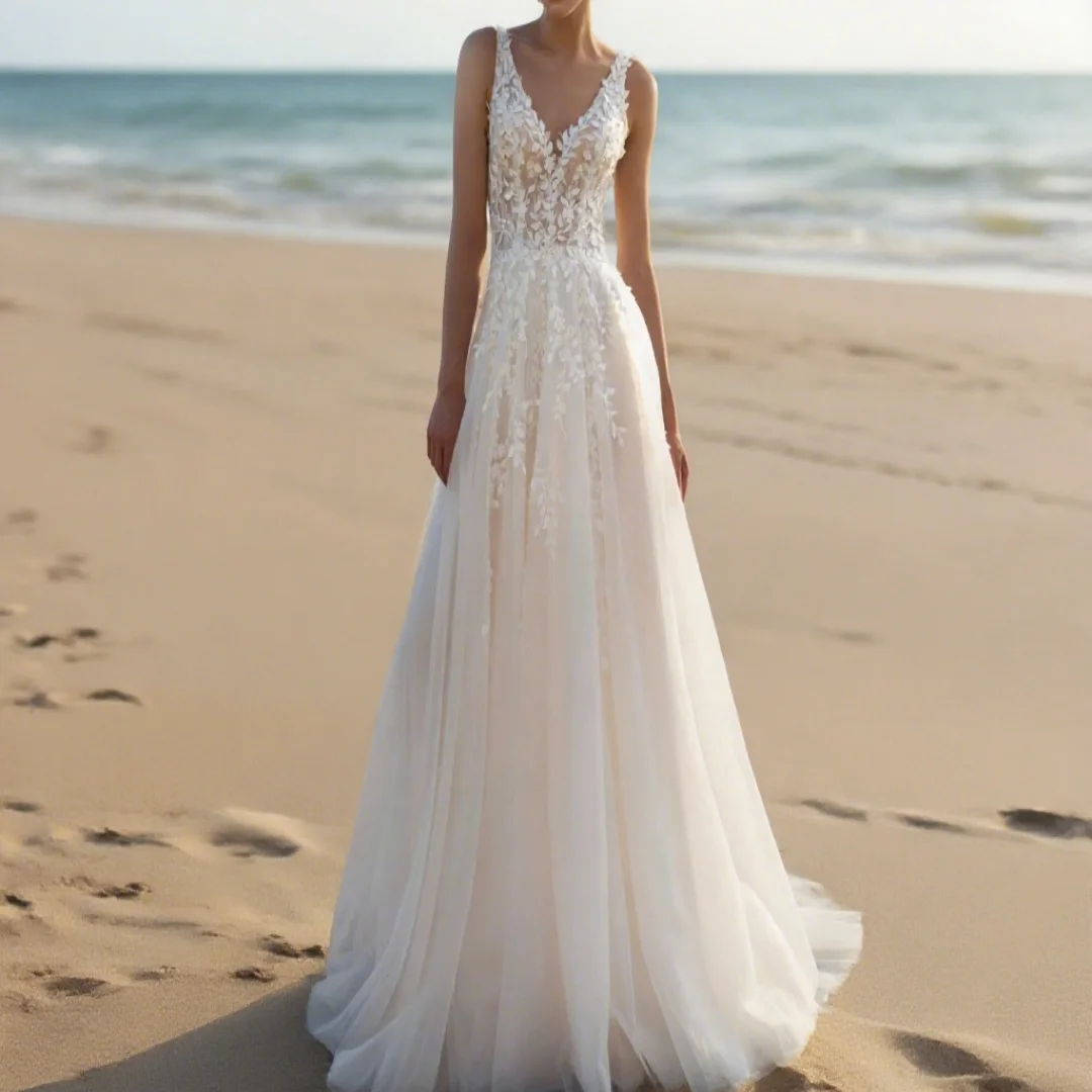 Customized Bohemian-style sleeveless V-neck wedding dress with shoulder embroidery and lace. Formal wedding dress for brides.