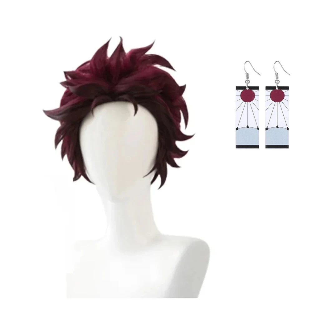Dämonentöter Tanjiro Kamado, kurzes kastanienbraunes hitzebeständiges Haar, Cosplay-Perücke, synthetisch