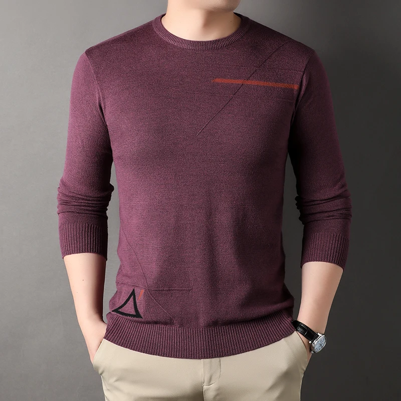 2023 Men's Long Sleeved Solid Color Slim Knit Triangle Round Neck Sweater Comfortable Daily  Sweaters