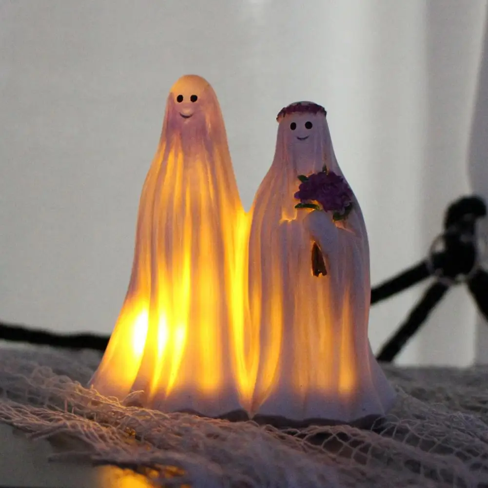 

Halloween Ghost Bride Groom Figurine Night Light Spooky Glowing Ghost Resin Sculpture Garden Desktop Statue Home Decorations