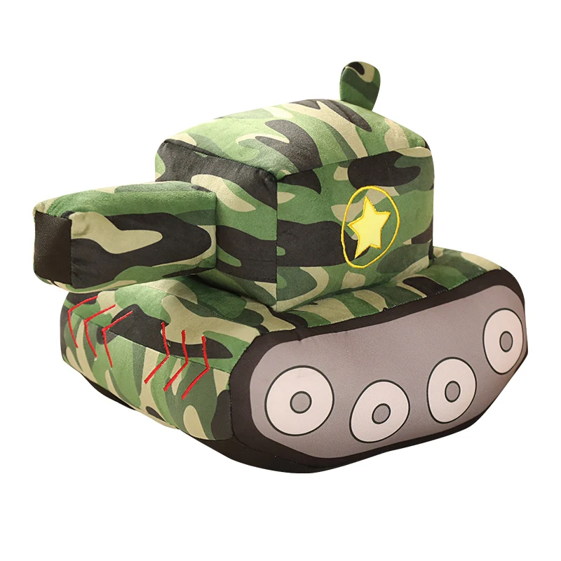 Simulação Cartoon Tank Plush Brinquedos, Bonecas de carro blindado verde realista, travesseiro recheado para crianças, presentes de aniversário para meninos