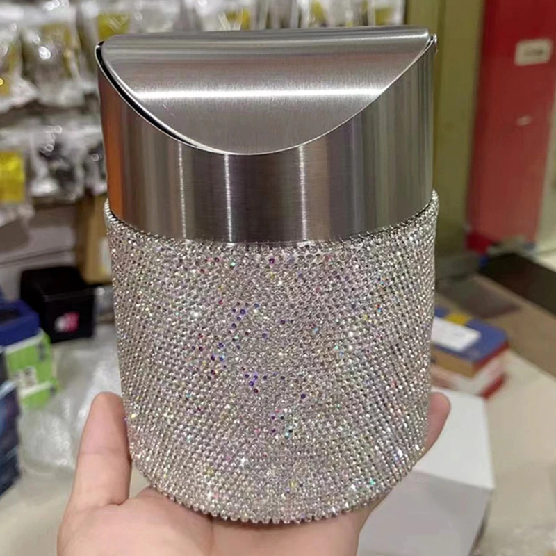 Stainless Steel Rhinestone Mini Waste Bin Fashionable Rolling Lid Organizer for Home Bedroom Office Car Tabletop Storage Basket