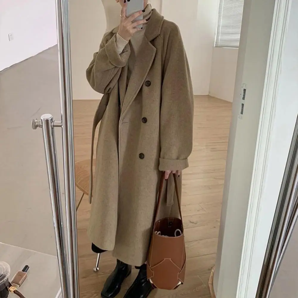 Elegant Woolen Trench Coat Winter Women Vintage Double-breasted Windbreakers Jacket Mid-Length Loose Turn-Down Collar Cardigan